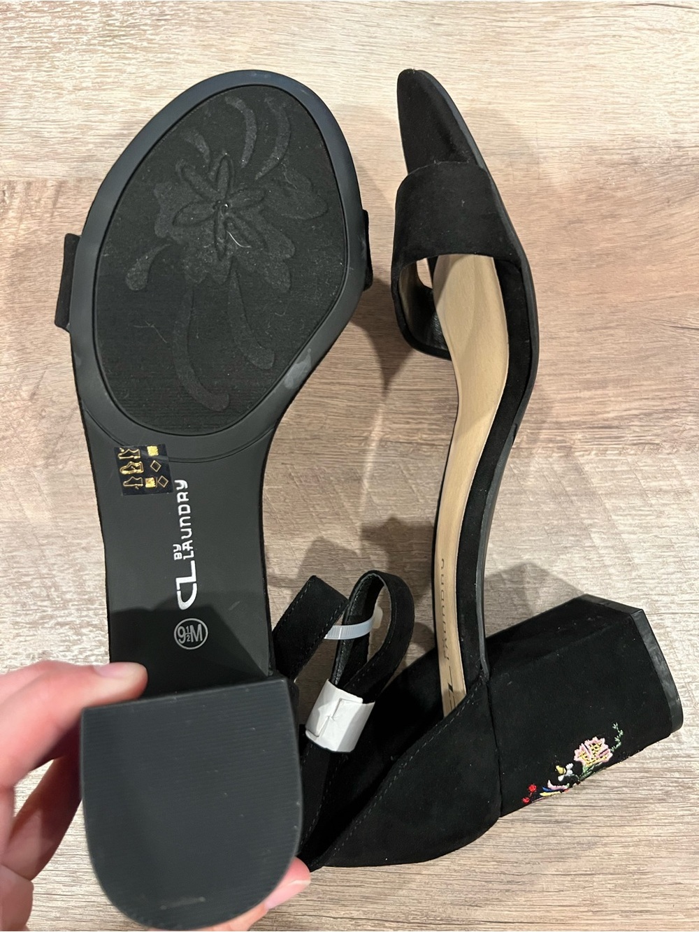 CL By Laundry Black Suede Floral Embroidered Block Heel Sandals